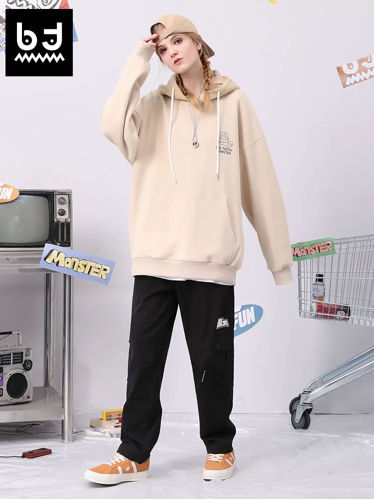 Spliced cartoon printed fun ears hoodie drop shoulder cotton hoodie
