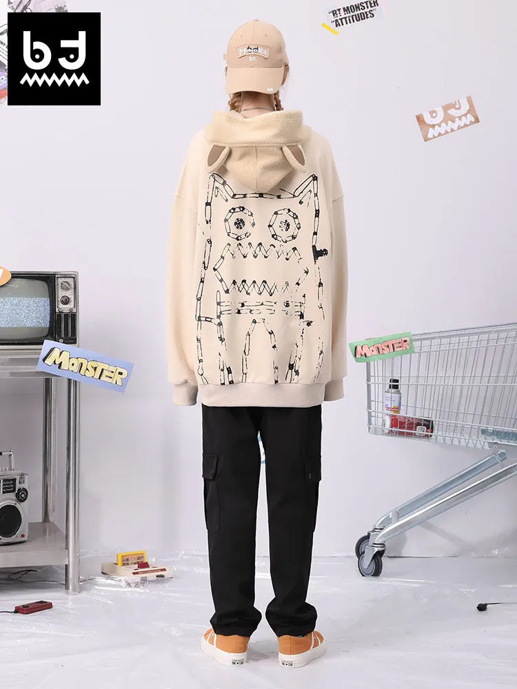 Spliced cartoon printed fun ears hoodie drop shoulder cotton hoodie