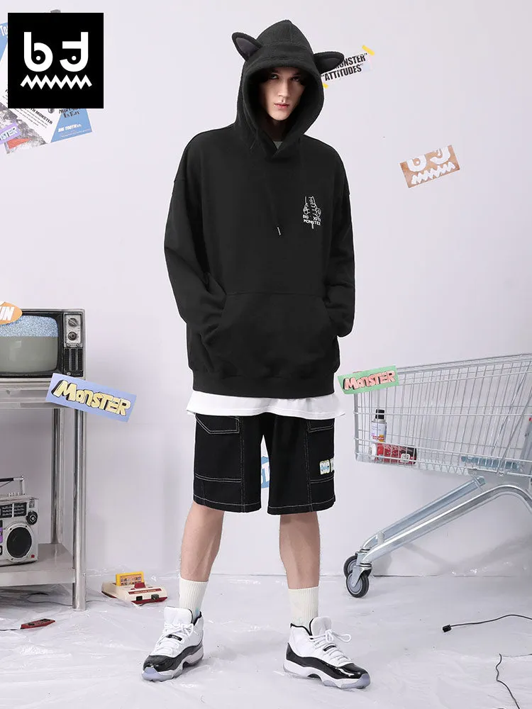 Spliced cartoon printed fun ears hoodie drop shoulder cotton hoodie