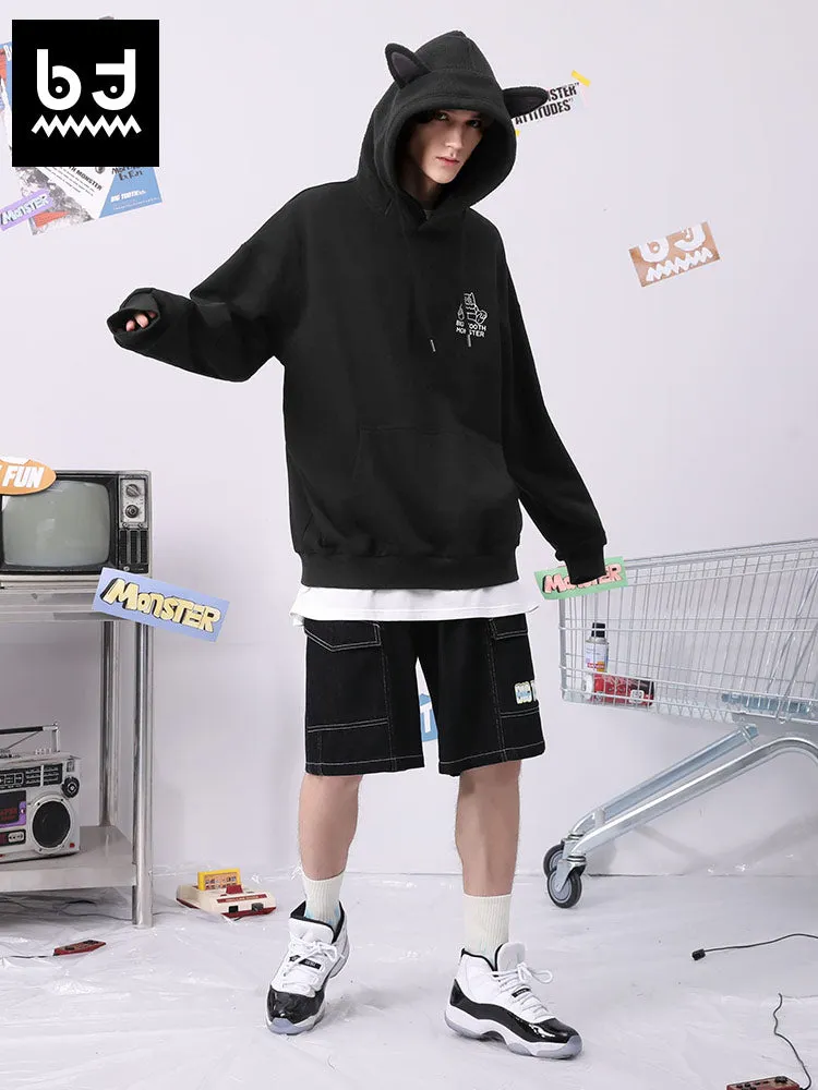 Spliced cartoon printed fun ears hoodie drop shoulder cotton hoodie