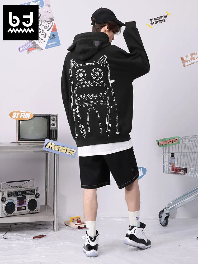 Spliced cartoon printed fun ears hoodie drop shoulder cotton hoodie