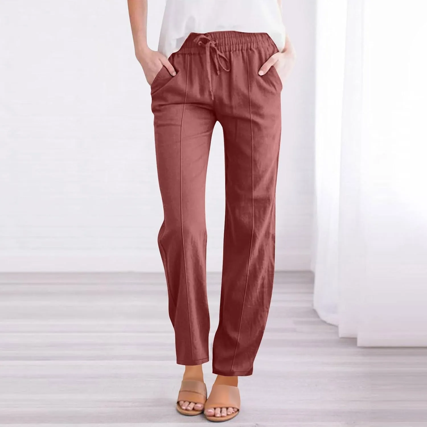 Straight Leg Cotton Linen Pants Women Summer Beach Lounge Pants Elastic Waist Drawstring Casual Trousers with Pockets