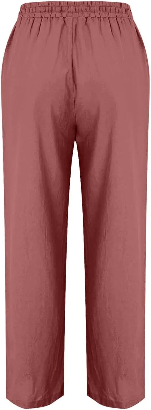 Straight Leg Cotton Linen Pants Women Summer Beach Lounge Pants Elastic Waist Drawstring Casual Trousers with Pockets