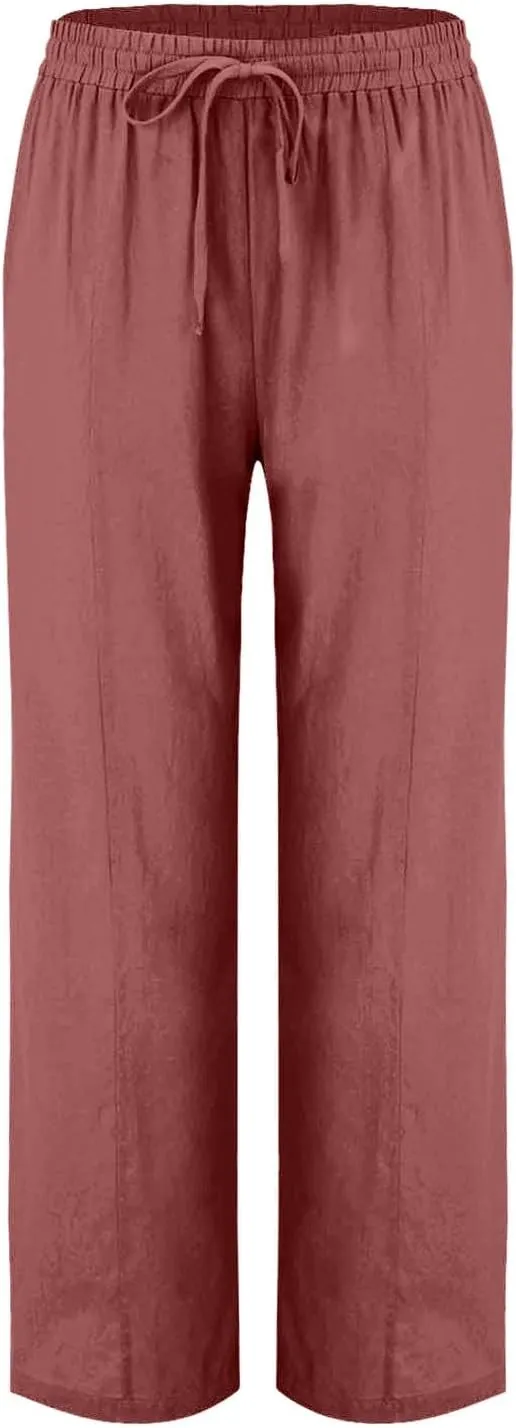 Straight Leg Cotton Linen Pants Women Summer Beach Lounge Pants Elastic Waist Drawstring Casual Trousers with Pockets