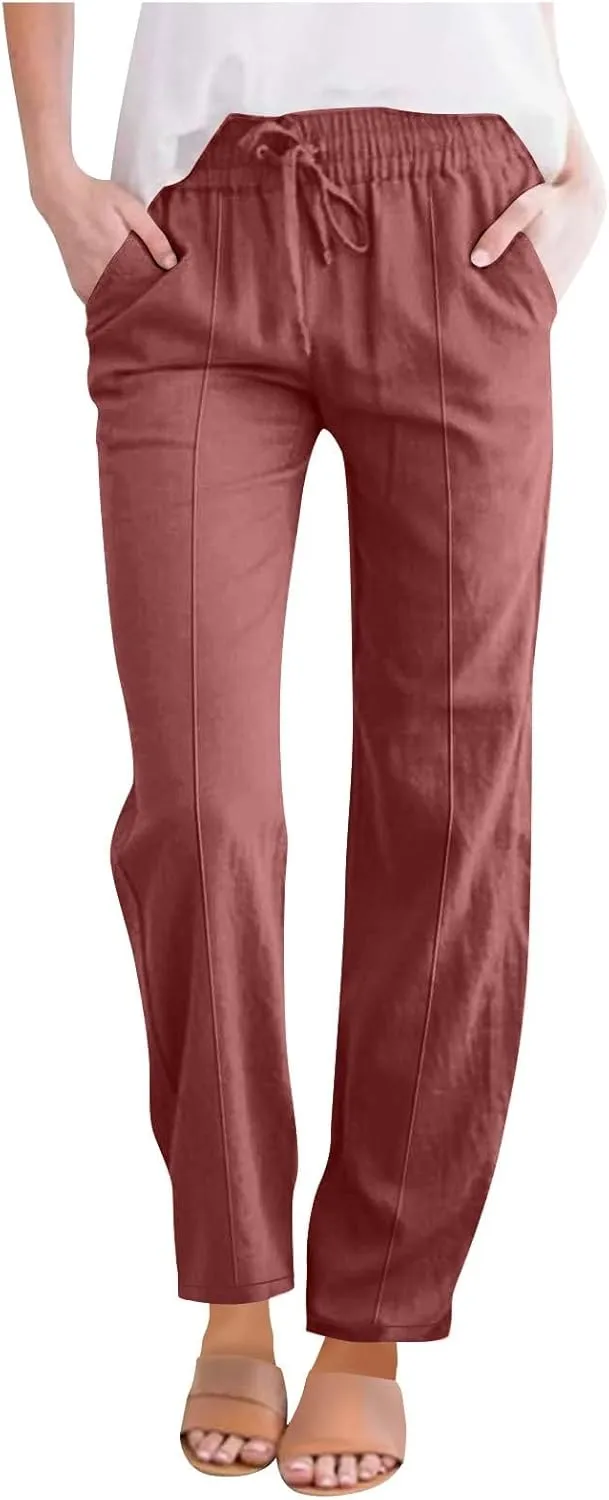 Straight Leg Cotton Linen Pants Women Summer Beach Lounge Pants Elastic Waist Drawstring Casual Trousers with Pockets