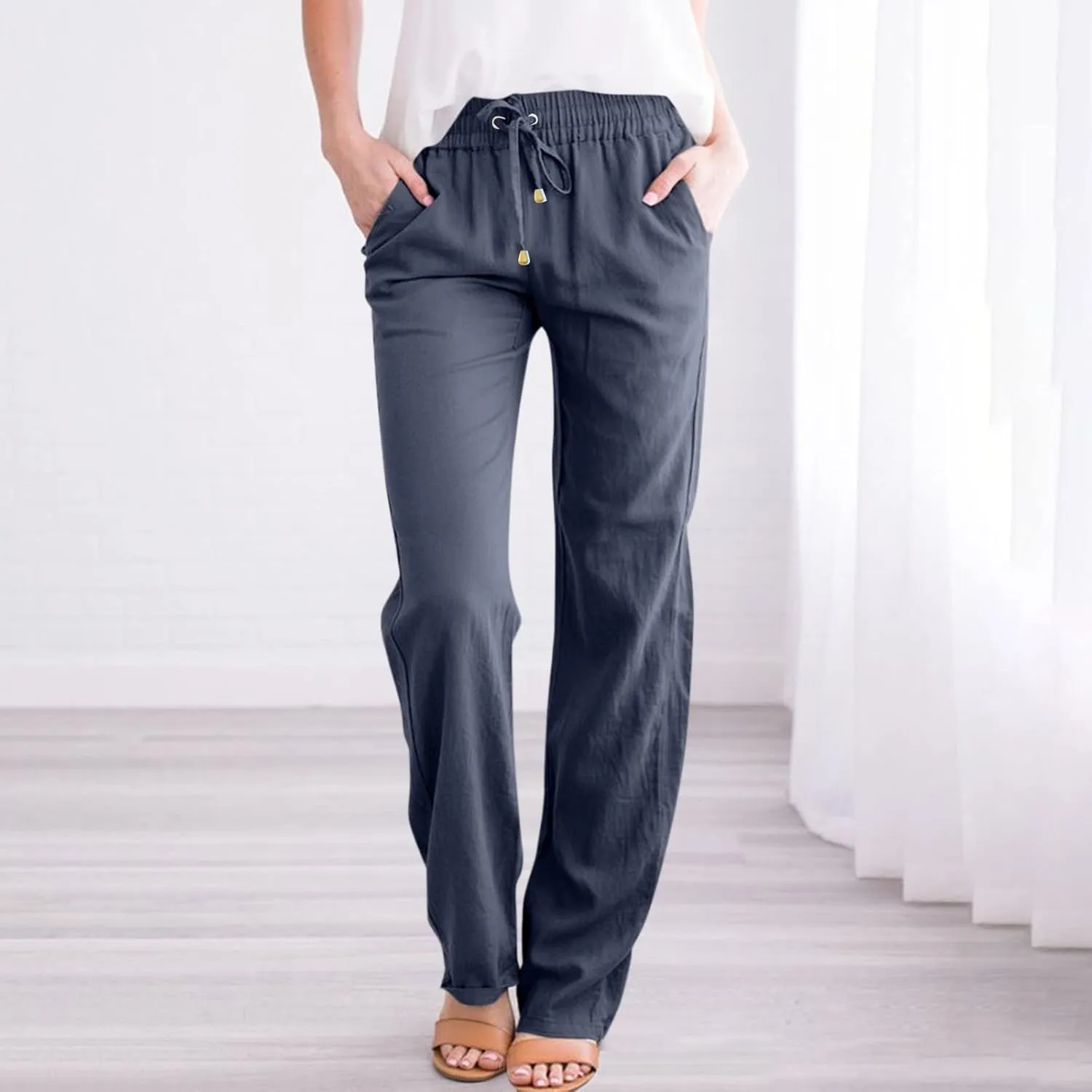 Straight Leg Linen Pants Women Drawstring Elastic High Waisted Pants Casual Lightweight Summer Pants Linen Trousers