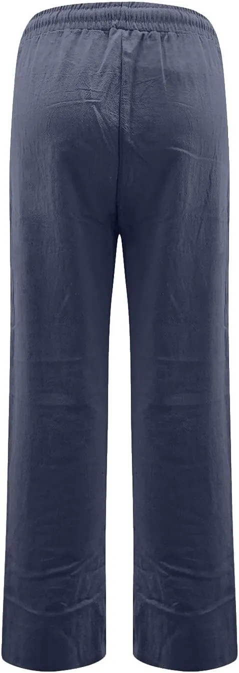 Straight Leg Linen Pants Women Drawstring Elastic High Waisted Pants Casual Lightweight Summer Pants Linen Trousers