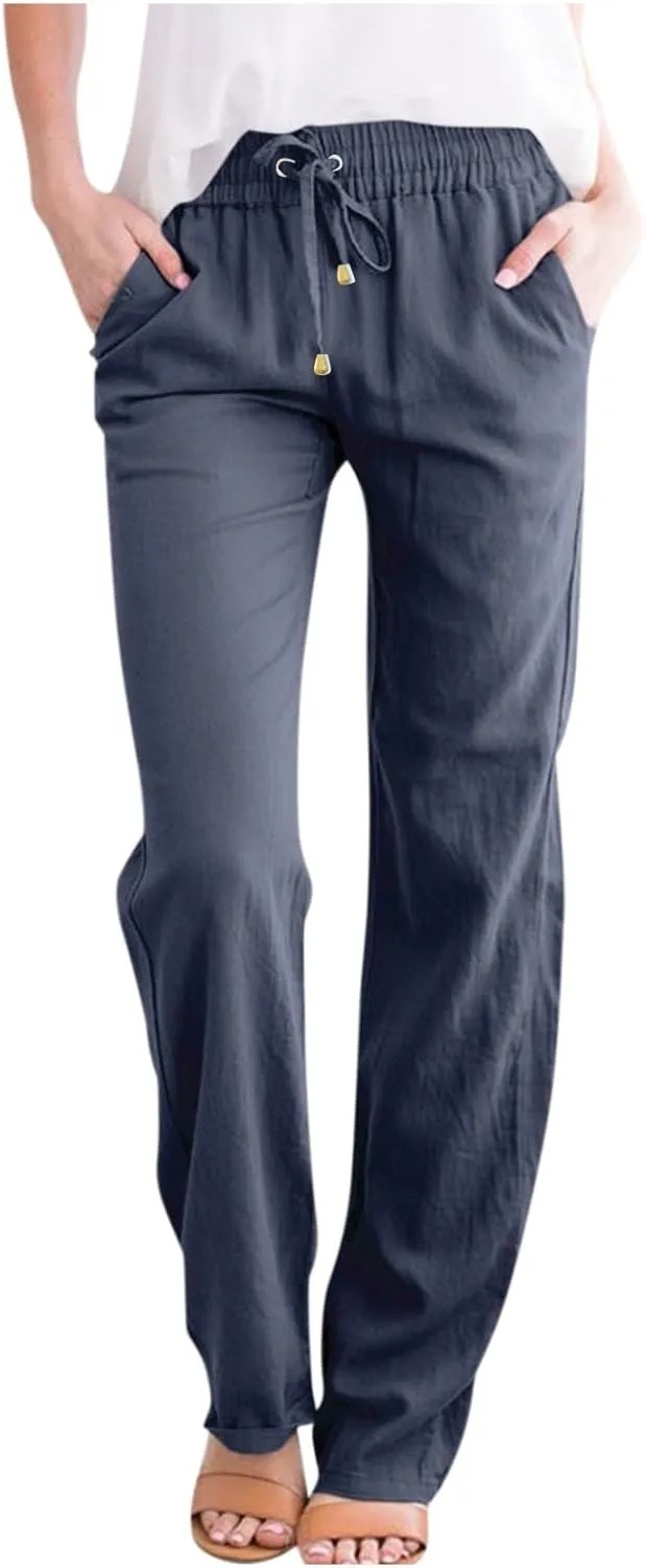 Straight Leg Linen Pants Women Drawstring Elastic High Waisted Pants Casual Lightweight Summer Pants Linen Trousers