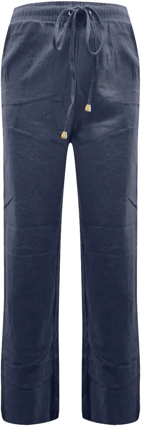 Straight Leg Linen Pants Women Drawstring Elastic High Waisted Pants Casual Lightweight Summer Pants Linen Trousers