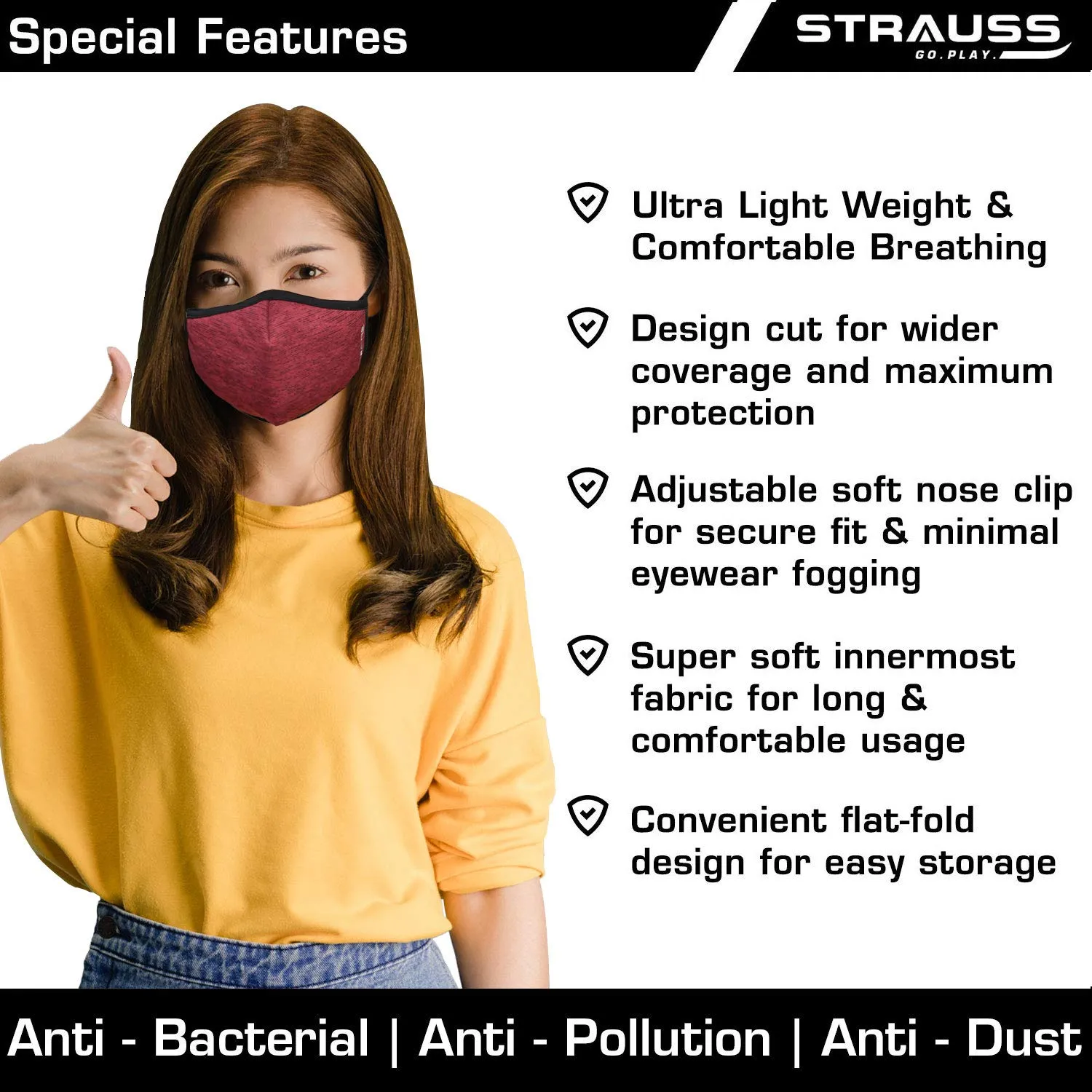 STRAUSS Unisex Anti-Bacterial Protection Mask, Non Vent, Small, (Red)