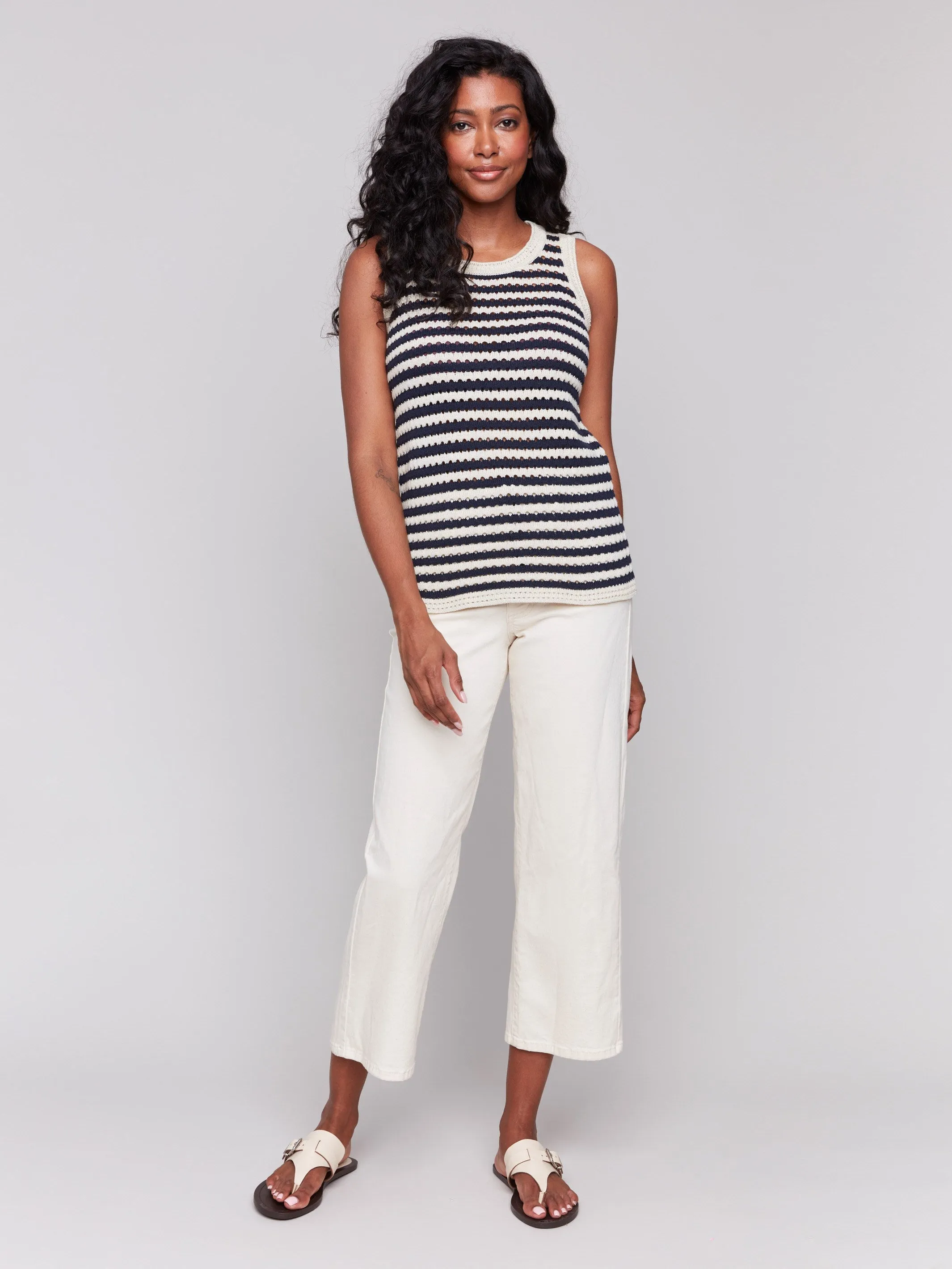 Striped Novelty Stitch Sleeveless Sweater - Nautical
