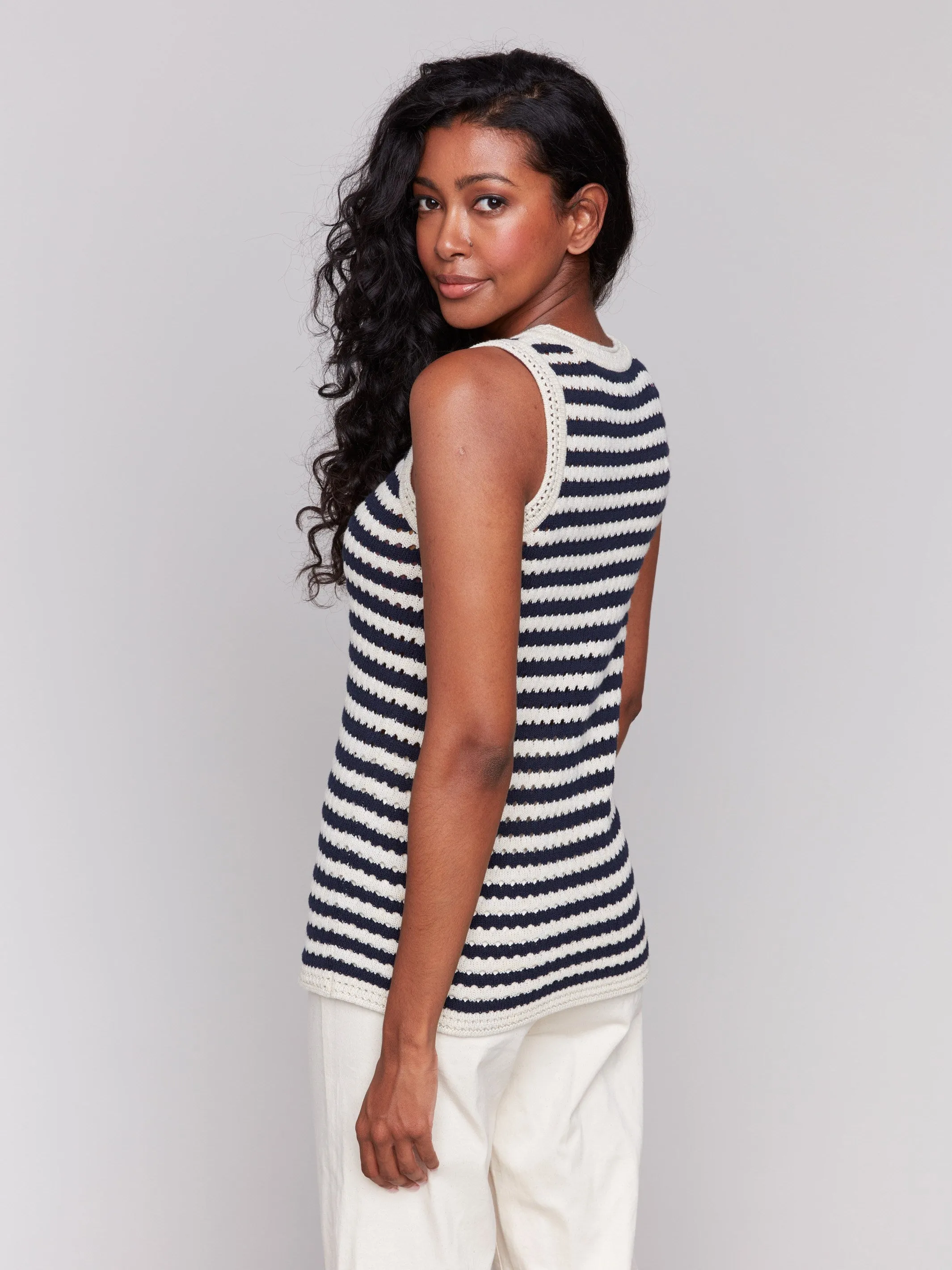 Striped Novelty Stitch Sleeveless Sweater - Nautical