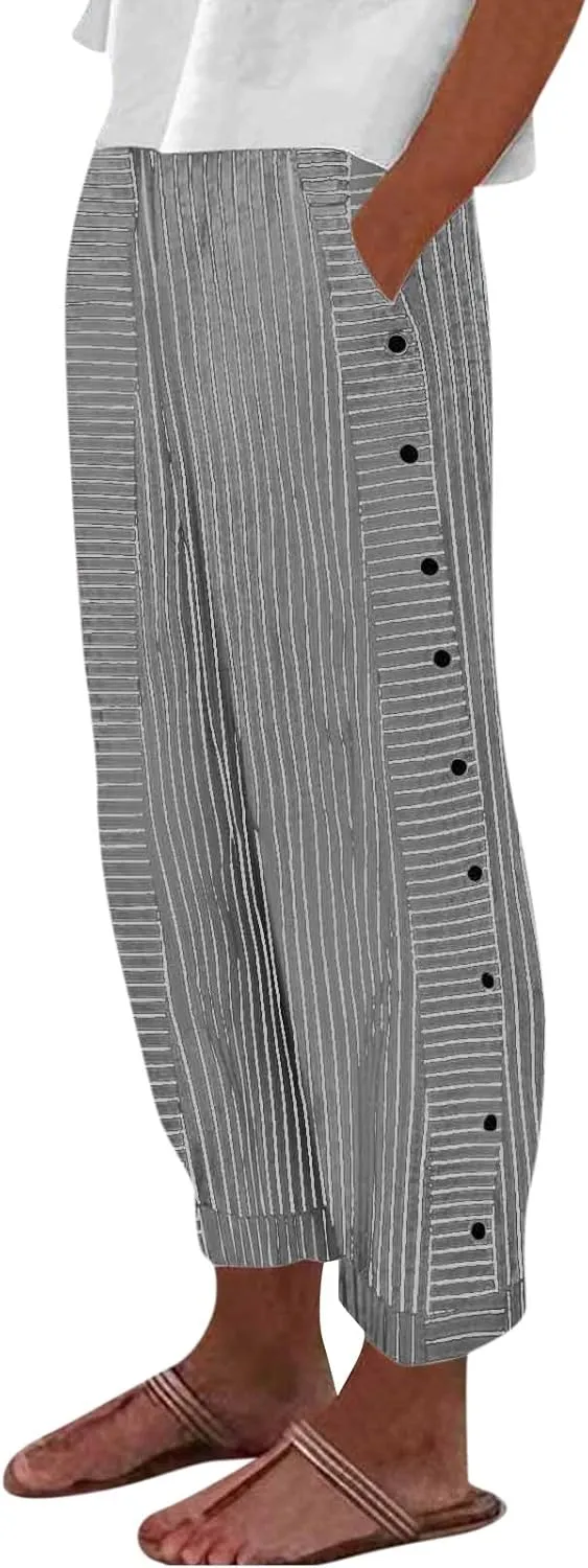 Striped Wide Leg Pants Woman Elastic High Waist Side Button Trousers Lightweight Straight Leg Cropped Pants w/Pockets