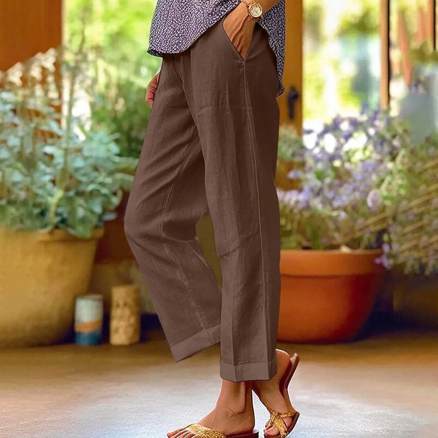 Summer Cotton Linen Pants for Women 2024 Plus Size Causal Straight Leg Cropped Lounge Pant Beach Vacation Trousers
