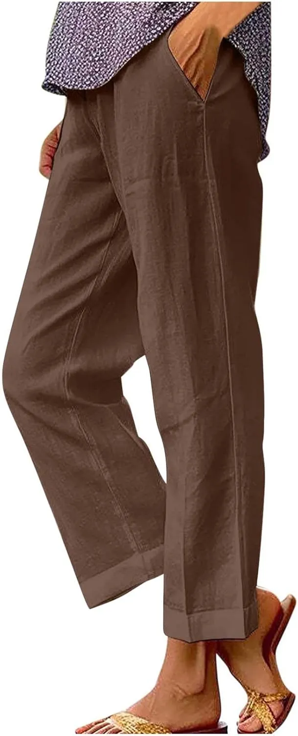 Summer Cotton Linen Pants for Women 2024 Plus Size Causal Straight Leg Cropped Lounge Pant Beach Vacation Trousers