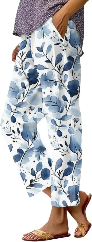 Summer Drawstring Linen Capris Cropped Pants for Women 2024 Casual Petite Ladies Drawstring Beach Baggy Trousers