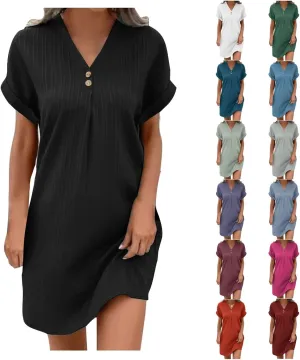 Summer Dresses for Women 2024 Casual V Neck Roll Up Cap Sleeve Mini Dress Beach Vacation A Line Pleated Sundress