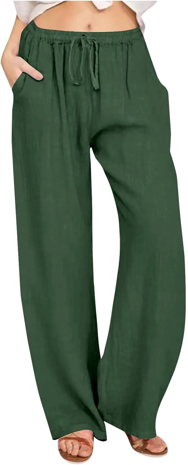 Summer Linen Pants for Women Trendy 2024 High Waist Wide Leg Lounge Trousers Beach Vacation Flowy Pants with Pockets