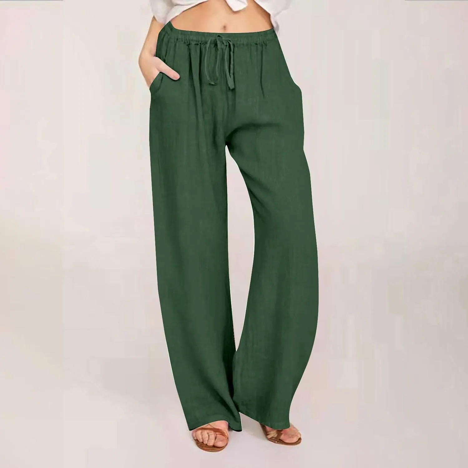 Summer Linen Pants for Women Trendy 2024 High Waist Wide Leg Lounge Trousers Beach Vacation Flowy Pants with Pockets