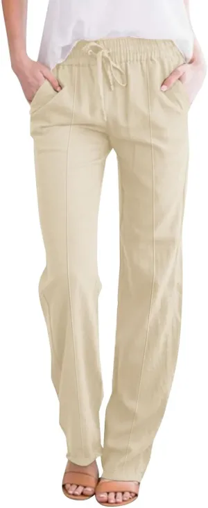 Summer Pants for Women 2025 Vacation Plus Size High Waist Drawstring Straight Leg Trousers Beach Pants with Pockets