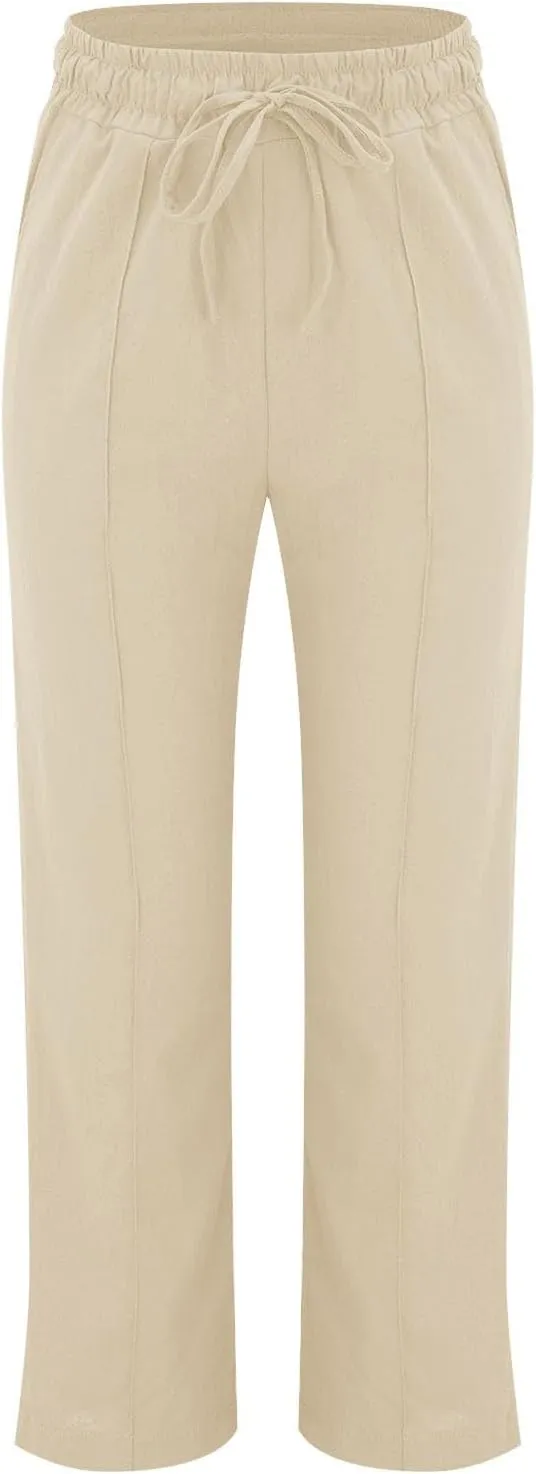 Summer Pants for Women 2025 Vacation Plus Size High Waist Drawstring Straight Leg Trousers Beach Pants with Pockets