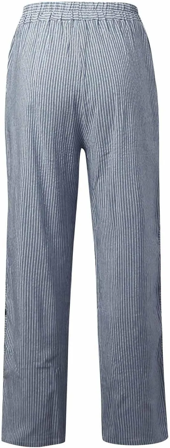Summer Pants for Women Striped Printed Side Button Pants Baggy Elastic Waist Straight Leg Trousers with Pocket