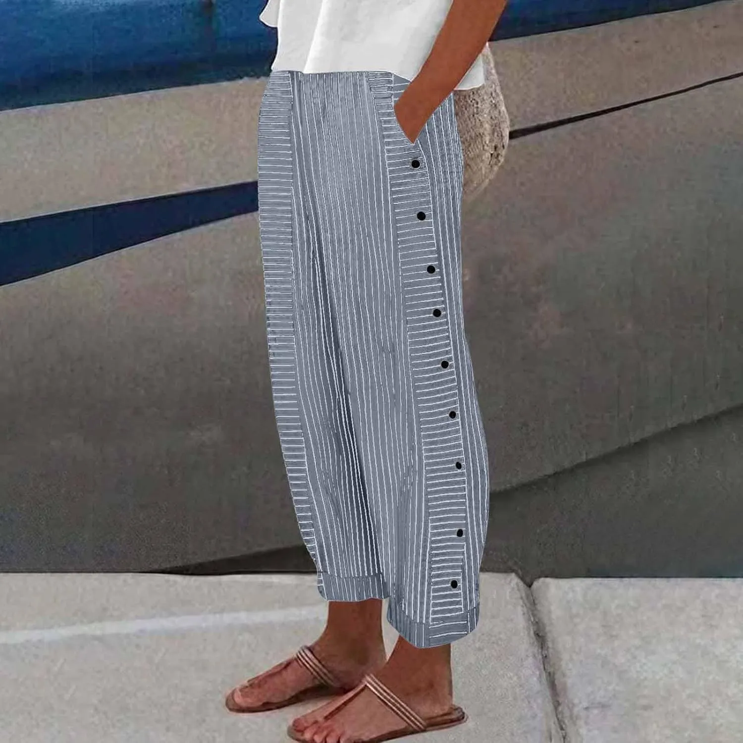 Summer Pants for Women Striped Printed Side Button Pants Baggy Elastic Waist Straight Leg Trousers with Pocket