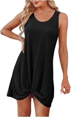 Summer Sundress for Women 2025 Sleeveless Beach Swimsuit Cover Ups Boho Eyelet Tank Dresses Vacation Mini Dresses