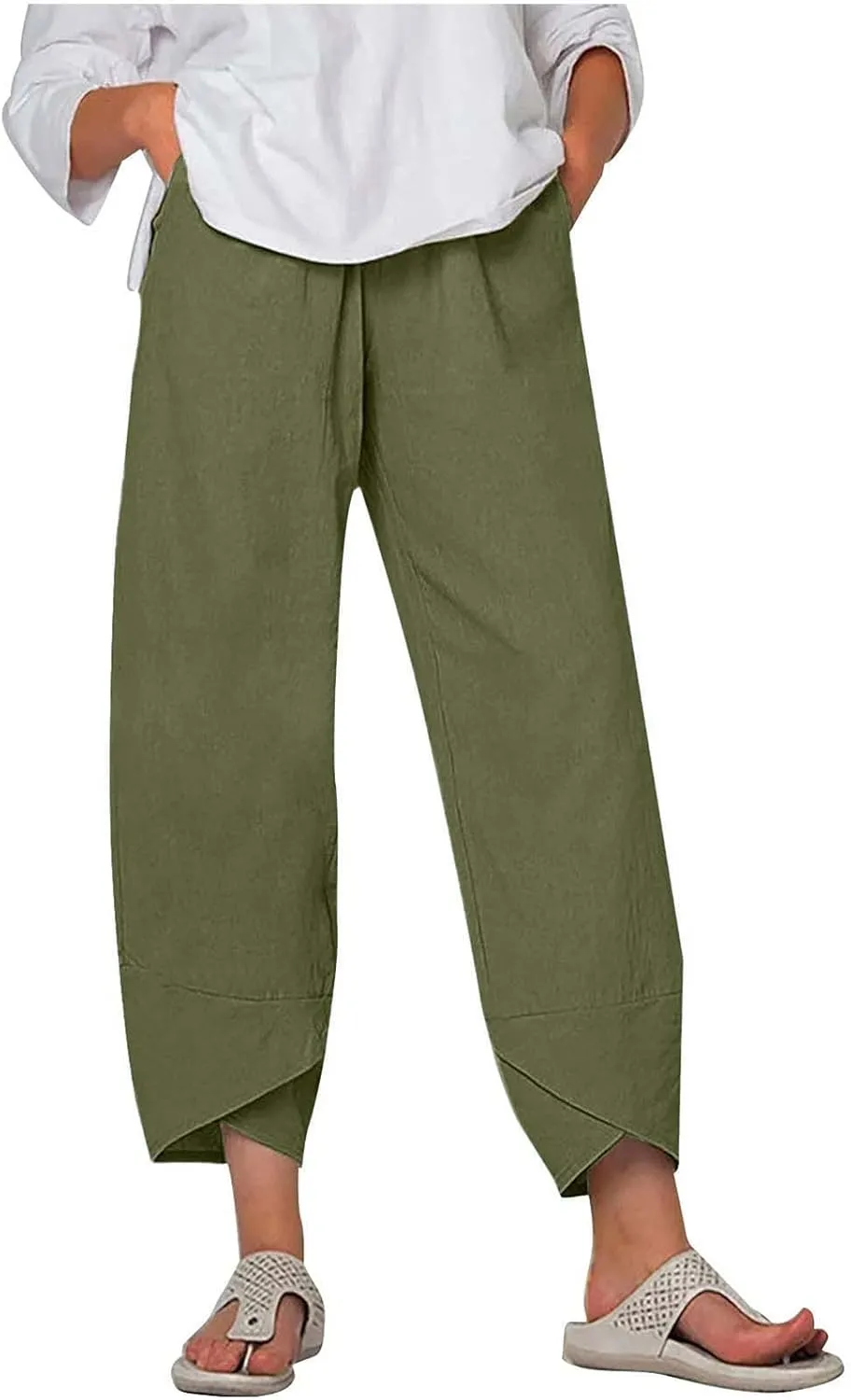 Summer Womens Cotton Linen Pants Plus Size Wide Leg Capri Pants 2025 Lightweight High Waisted Beach Trousers Pockets