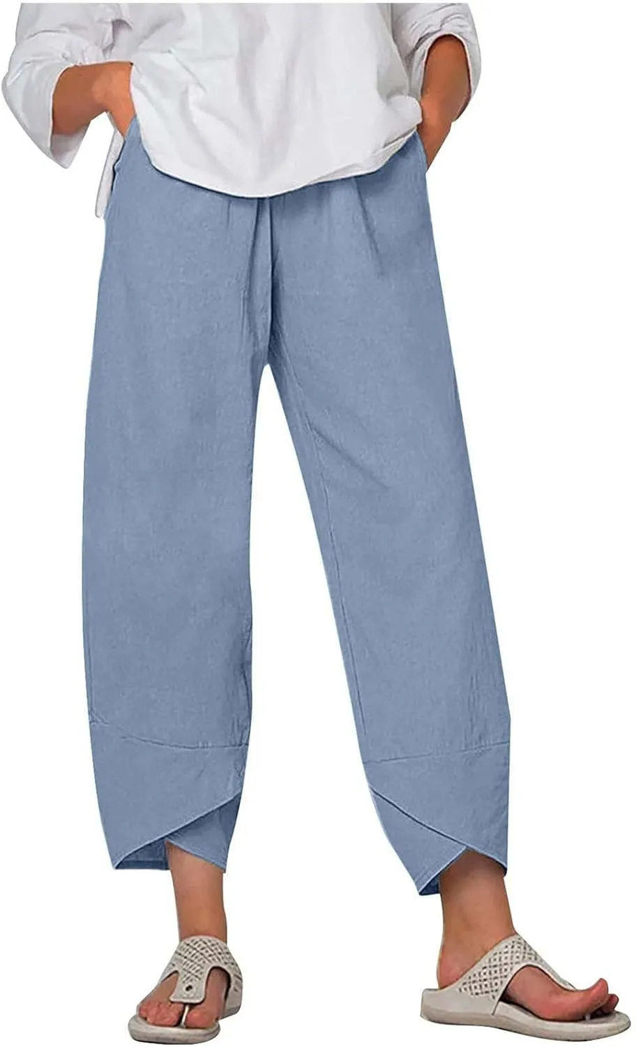 Summer Womens Cotton Linen Pants Plus Size Wide Leg Capri Pants 2025 Lightweight High Waisted Beach Trousers Pockets