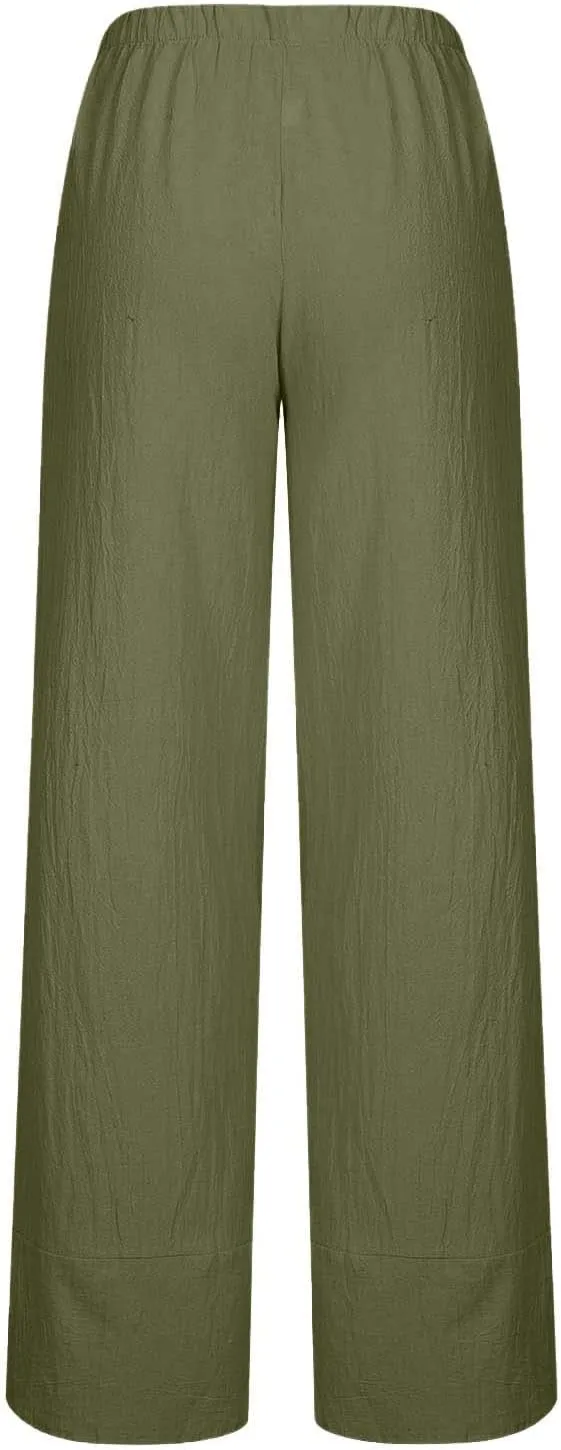 Summer Womens Cotton Linen Pants Plus Size Wide Leg Capri Pants 2025 Lightweight High Waisted Beach Trousers Pockets