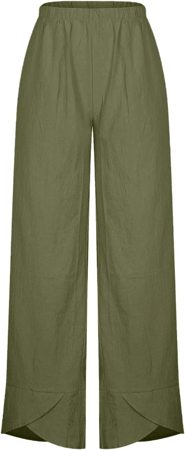 Summer Womens Cotton Linen Pants Plus Size Wide Leg Capri Pants 2025 Lightweight High Waisted Beach Trousers Pockets