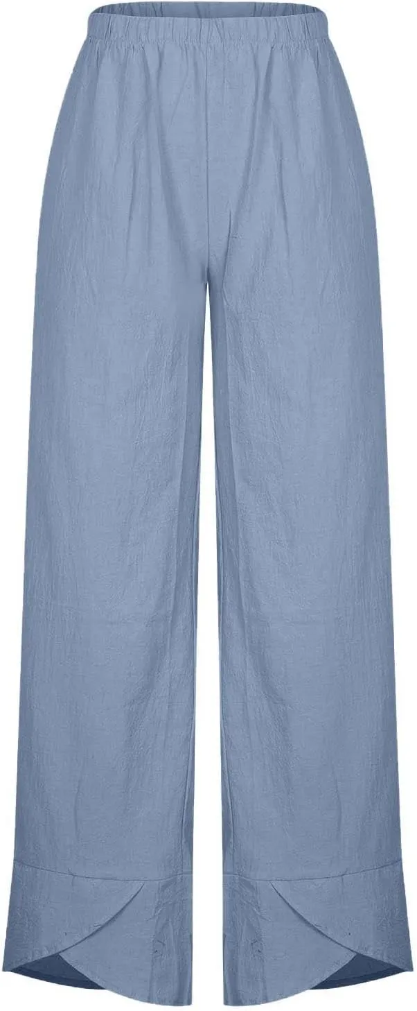 Summer Womens Cotton Linen Pants Plus Size Wide Leg Capri Pants 2025 Lightweight High Waisted Beach Trousers Pockets