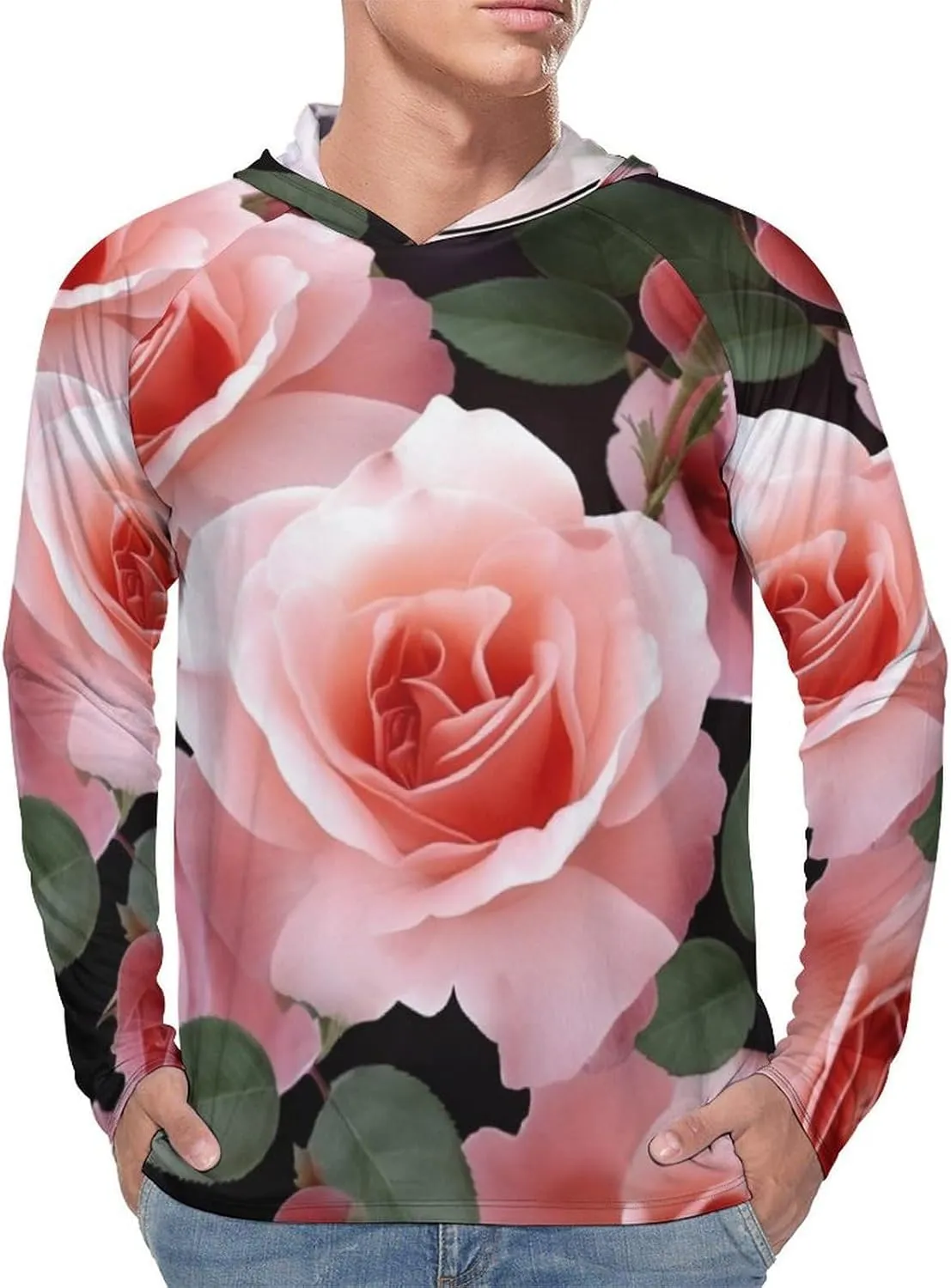 Sun Protection Shirt Long Sleeve Hoodie Blossoming Rose Flowers Lightweight Rash Guard Quick Dry Sun Shirt for Outdoor
