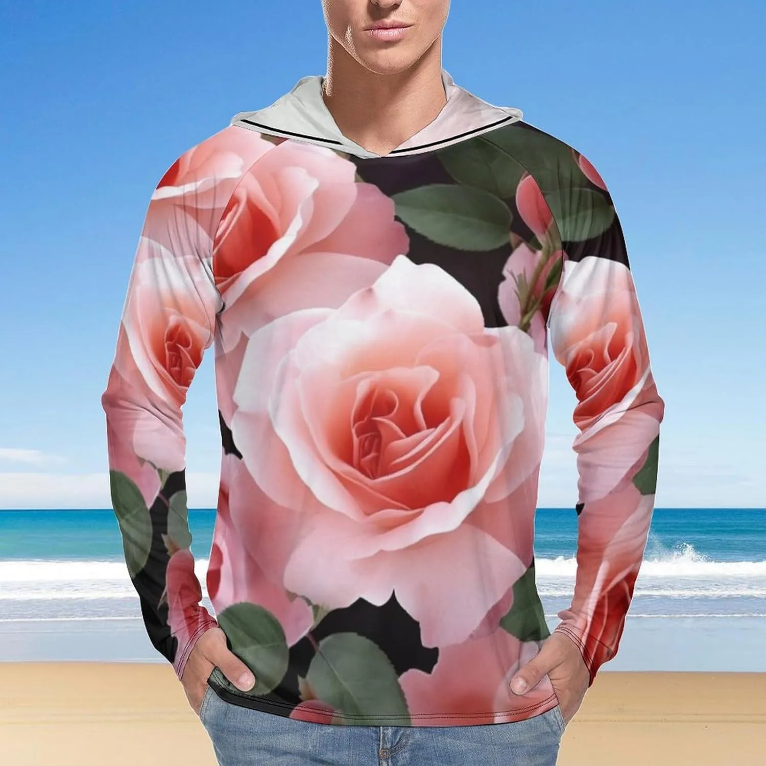 Sun Protection Shirt Long Sleeve Hoodie Blossoming Rose Flowers Lightweight Rash Guard Quick Dry Sun Shirt for Outdoor