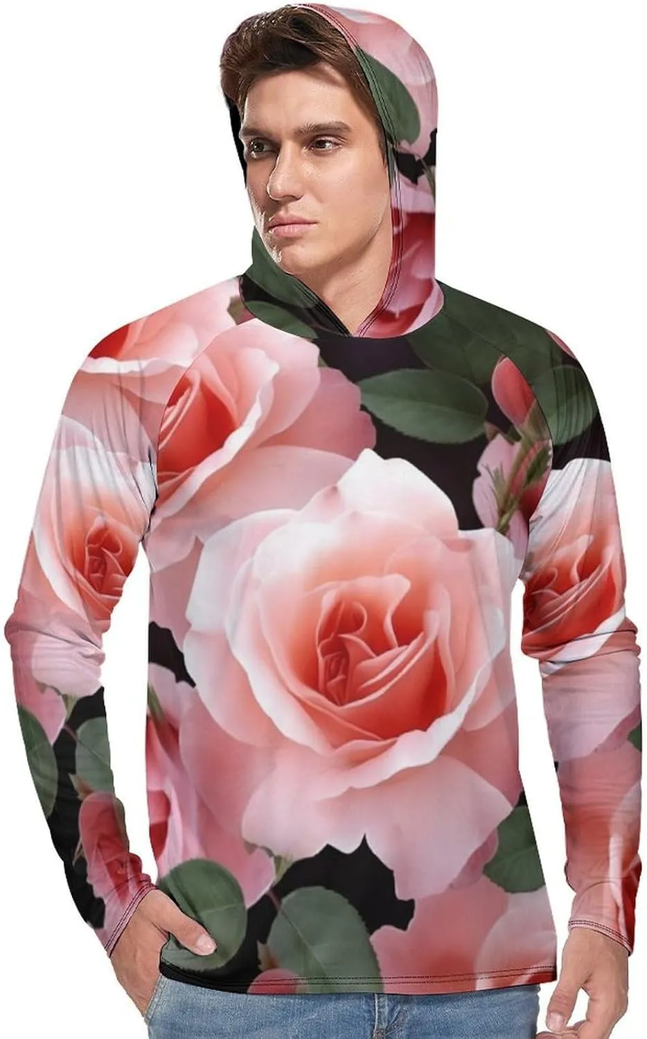 Sun Protection Shirt Long Sleeve Hoodie Blossoming Rose Flowers Lightweight Rash Guard Quick Dry Sun Shirt for Outdoor