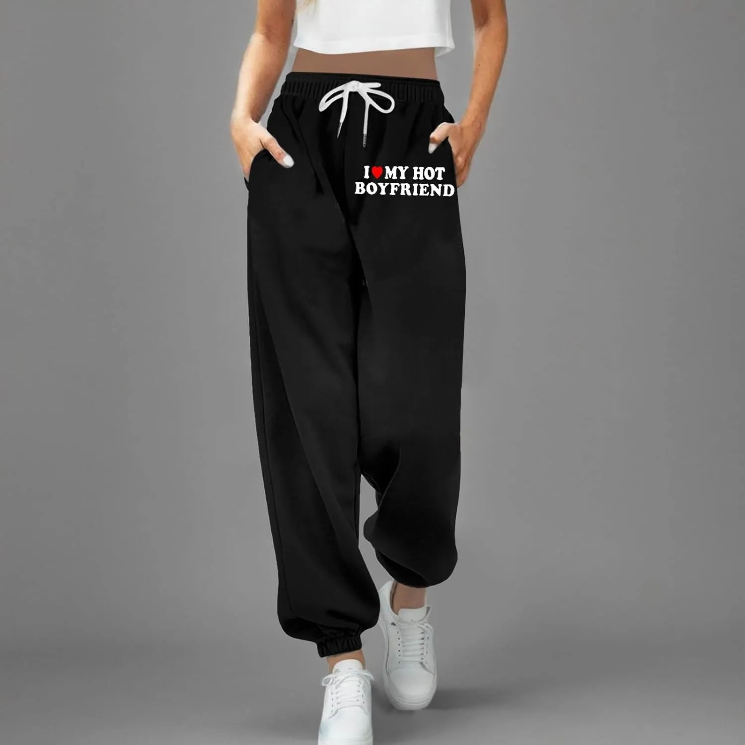 Sweatpants for Tall Women I Love My Husband Letter Print Drawstring Lounge Jogger Pants High Waist Baggy Trousers with Pocket