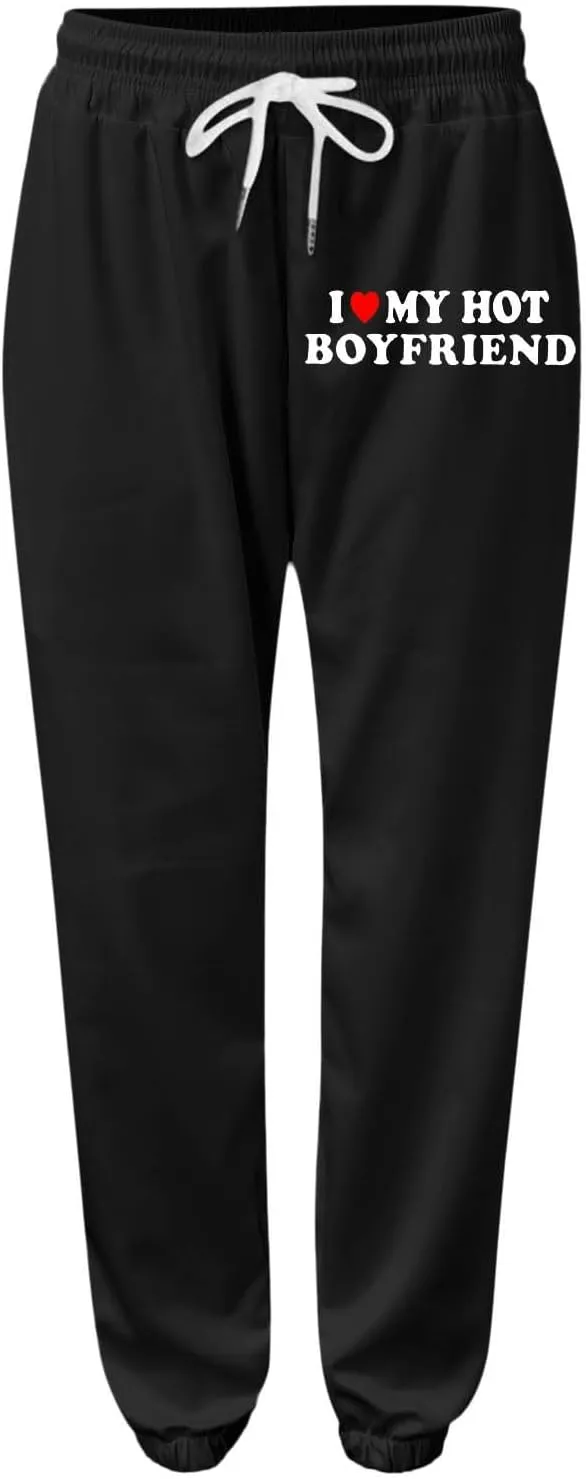 Sweatpants for Tall Women I Love My Husband Letter Print Drawstring Lounge Jogger Pants High Waist Baggy Trousers with Pocket