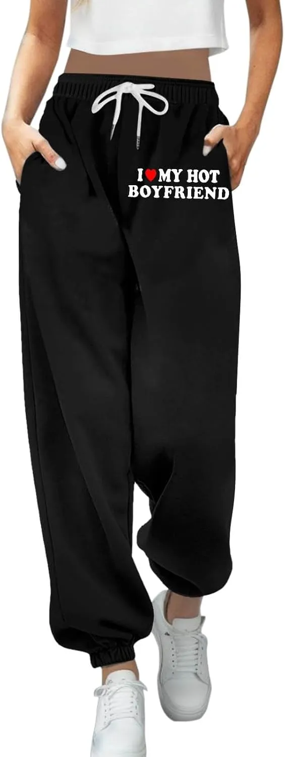 Sweatpants for Tall Women I Love My Husband Letter Print Drawstring Lounge Jogger Pants High Waist Baggy Trousers with Pocket