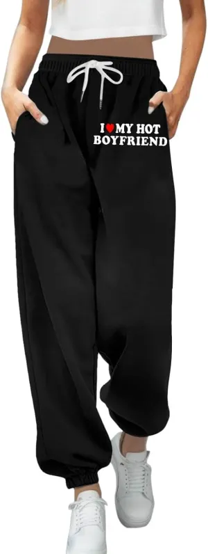 Sweatpants for Tall Women I Love My Husband Letter Print Drawstring Lounge Jogger Pants High Waist Baggy Trousers with Pocket