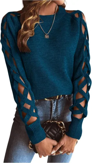 SweatyRocks Women's Criss Cross Cut Out Sleeve Round Neck Hollow Out Knit Sweater Tops