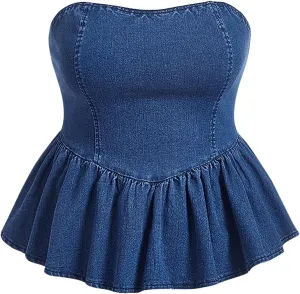 SweatyRocks Women's Plus Size Strapless Denim Ruffle Top Camisole Peplum Y2K Jean Tube Tops