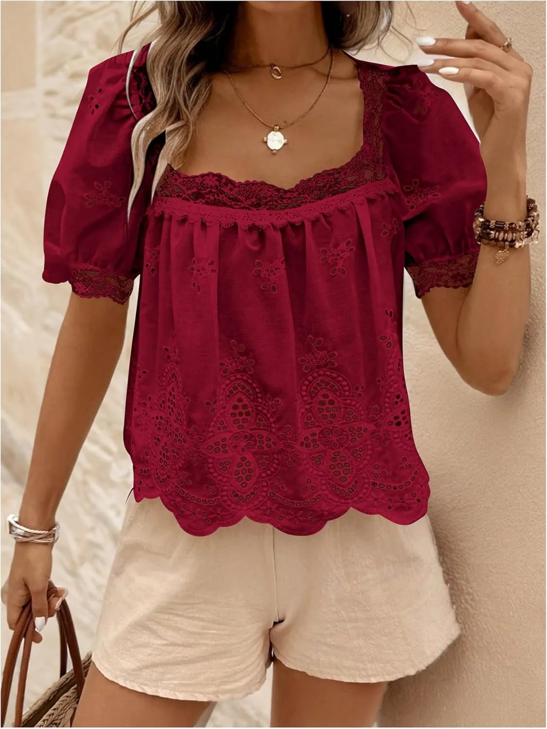 SweatyRocks Women's Square Neck Puff Sleeve Eyelet Lace Hollow Out Embroidered Top Blouse