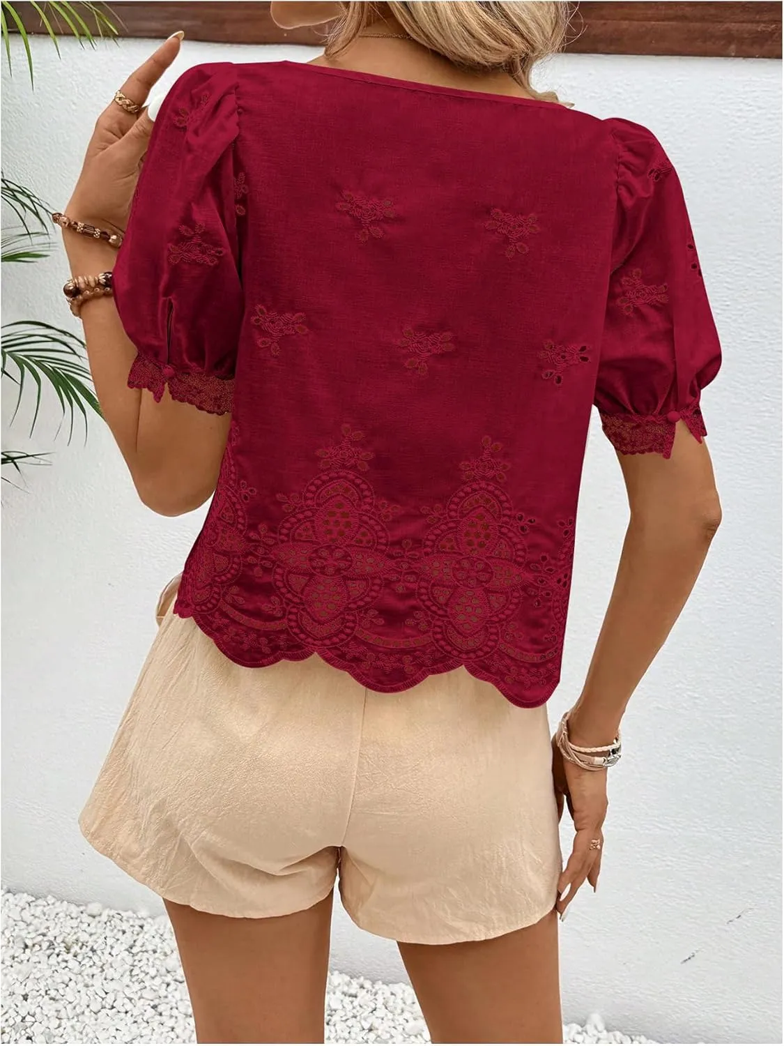 SweatyRocks Women's Square Neck Puff Sleeve Eyelet Lace Hollow Out Embroidered Top Blouse