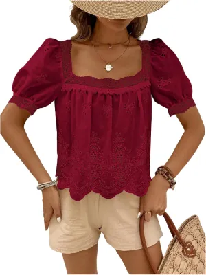 SweatyRocks Women's Square Neck Puff Sleeve Eyelet Lace Hollow Out Embroidered Top Blouse