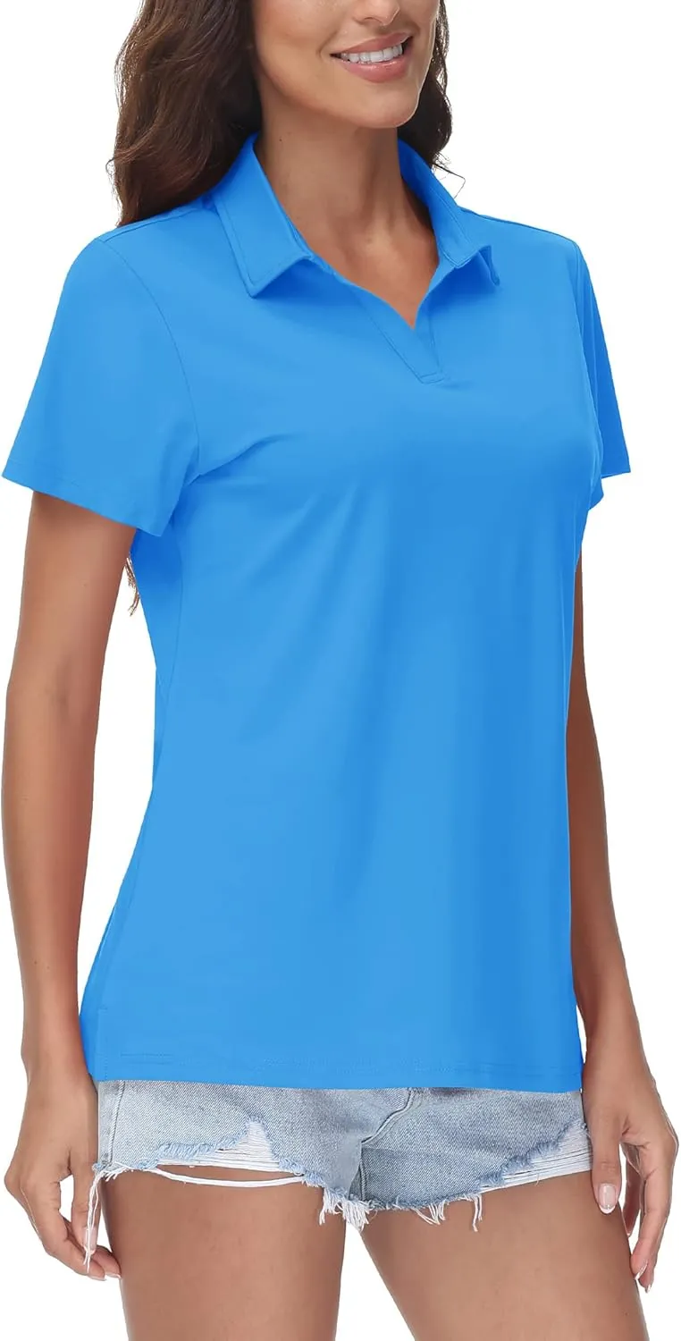 TACVASEN Women's V-Neck Polo Shirts UPF 50  Short Sleeve Sun Protection Quick Dry Golf Polos Collared Shirt