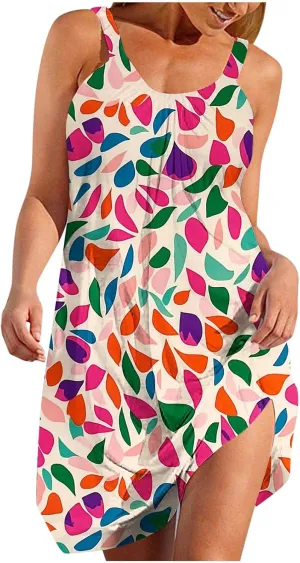 Tank Dresses for Women Vacation Hawaii Sleeveless Knee Length Casual Boho Floral Dresses Vintage Flower Print Sundress