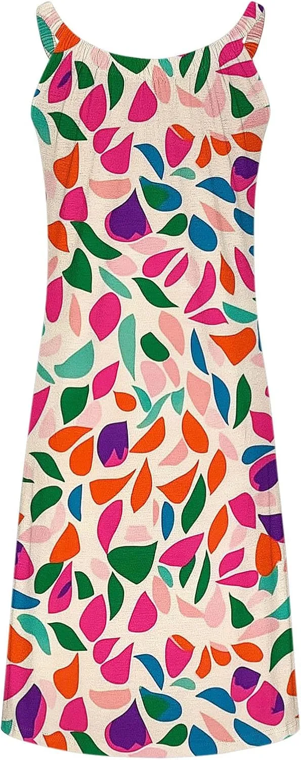 Tank Dresses for Women Vacation Hawaii Sleeveless Knee Length Casual Boho Floral Dresses Vintage Flower Print Sundress