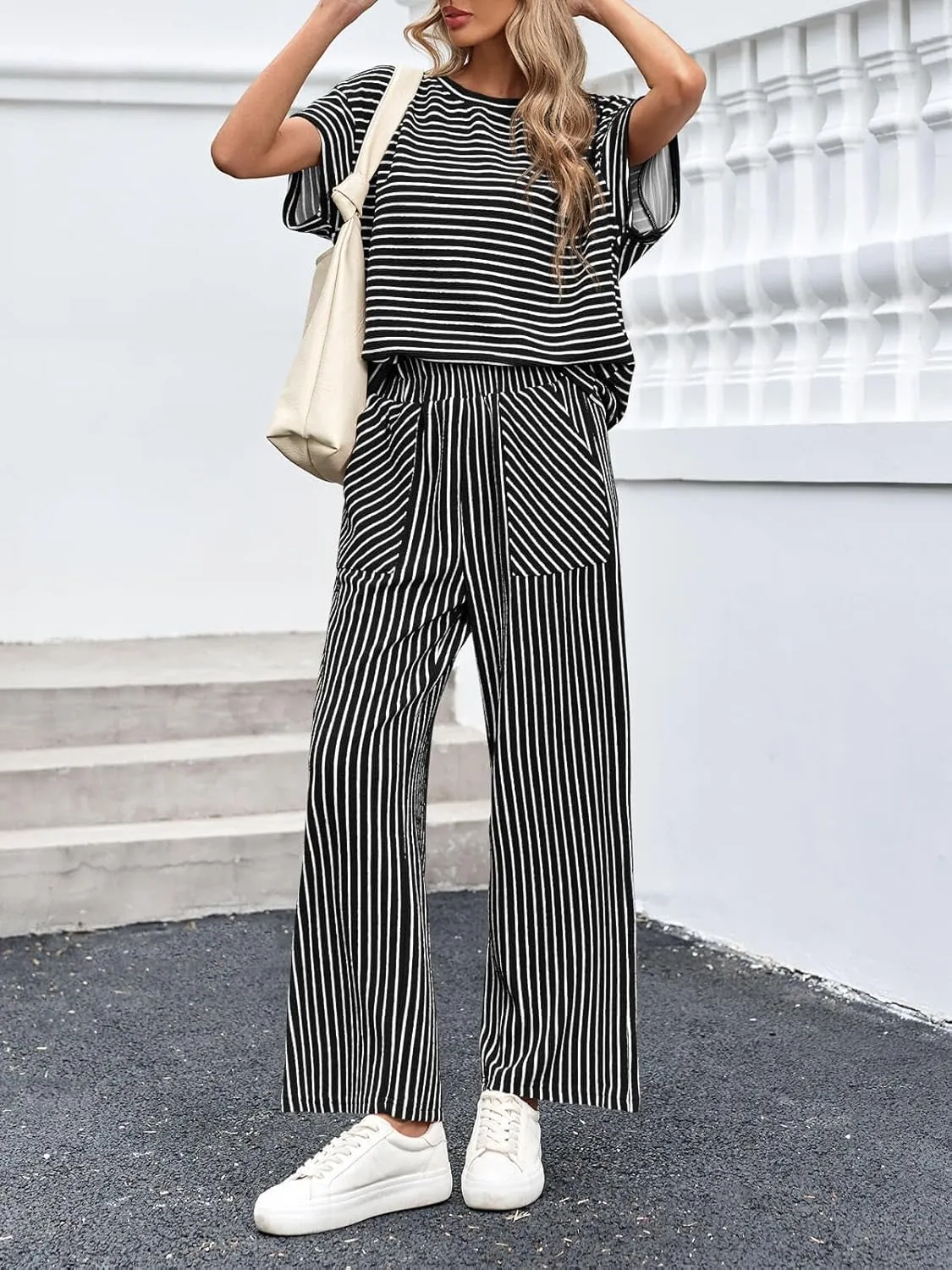 Tankaneo Womens Striped 2 Piece Sets Short Sleeve T Shirts Wide Leg Pants Matching Lounge Set with Pockets