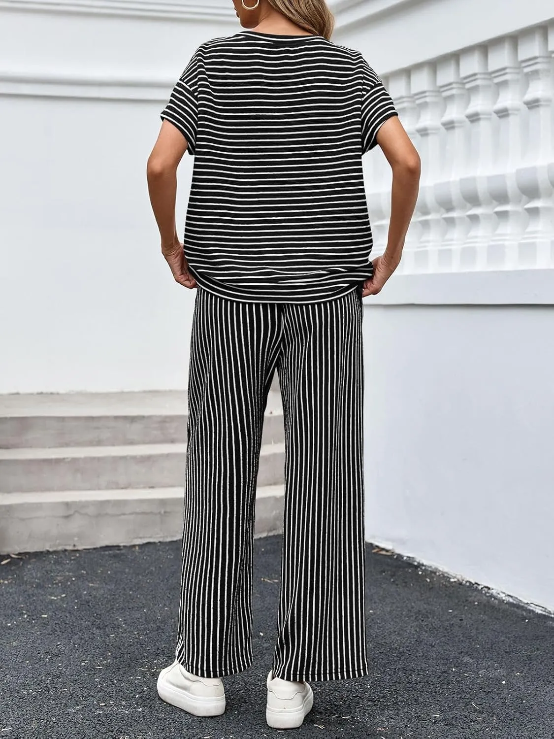 Tankaneo Womens Striped 2 Piece Sets Short Sleeve T Shirts Wide Leg Pants Matching Lounge Set with Pockets